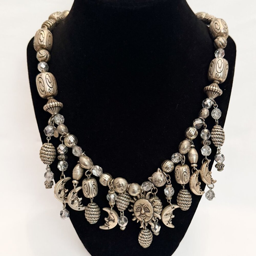 Three Ladies Celestial Silver Tone Necklace - Sun, Moon & Cat Charms/Beads